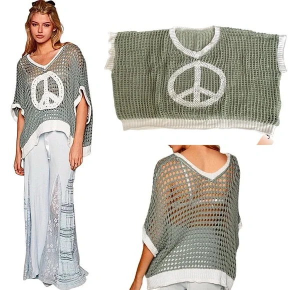 Open Crochet Oversized Peace Sign Shirt Women's Green Knit Top New w/ Tags Sz L - Picture 13 of 16